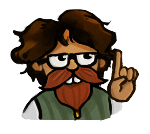 Cartoon character with glasses, a red beard, and a mustache, raising one finger as if making a point.