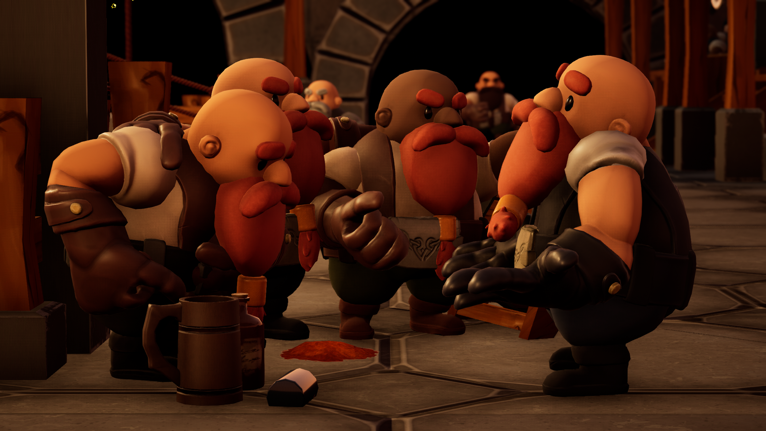 Cartoon dwarves gathered around in a tavern, engaging in conversation with mugs and bottles on the table.