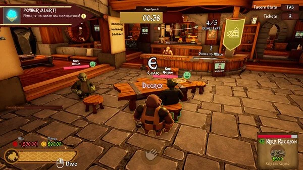 Screenshot of a virtual bar or tavern game with cartoon characters sitting at tables. There is a timer at the top center, and various icons, including drinks, tickets, and power alerts. The scene features a warm, wooden interior with seating and a ba
