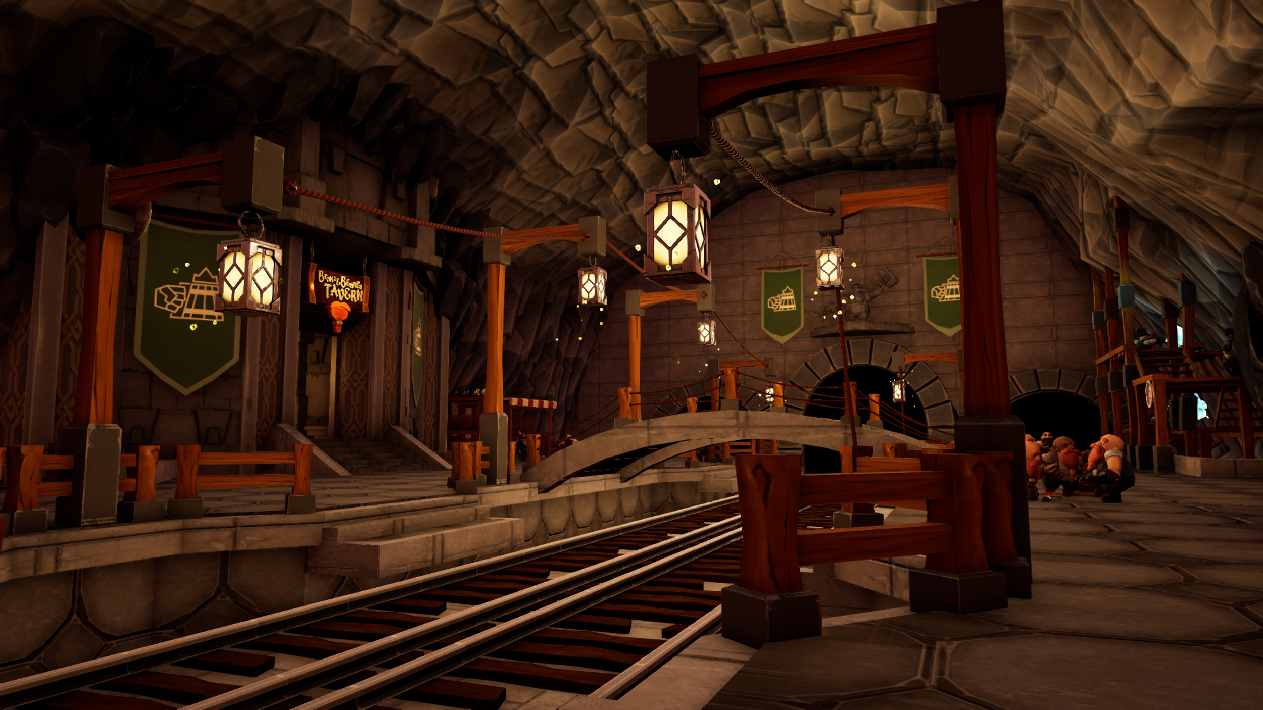 Inside a fantasy-themed underground mine tunnel with decorative lanterns, banners, and a small group of animated dwarves sitting together.