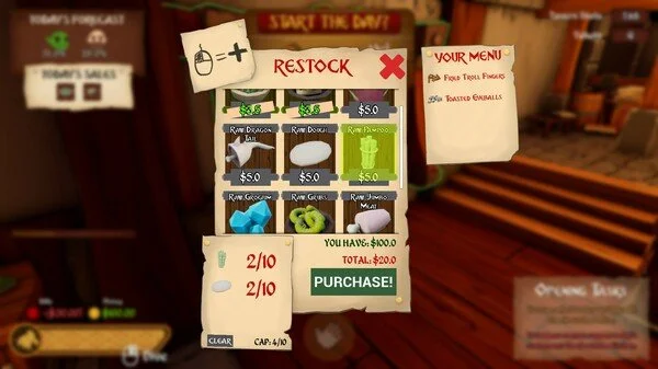 In-game menu screen displaying stocked fish items with prices and quantities, including Raw Dragon Folly, Raw Dagger, Raw Flower, Raw Gator, Raw Jungle Metal, and Raw Gozili, along with a total cost of $20 and a purchase button.