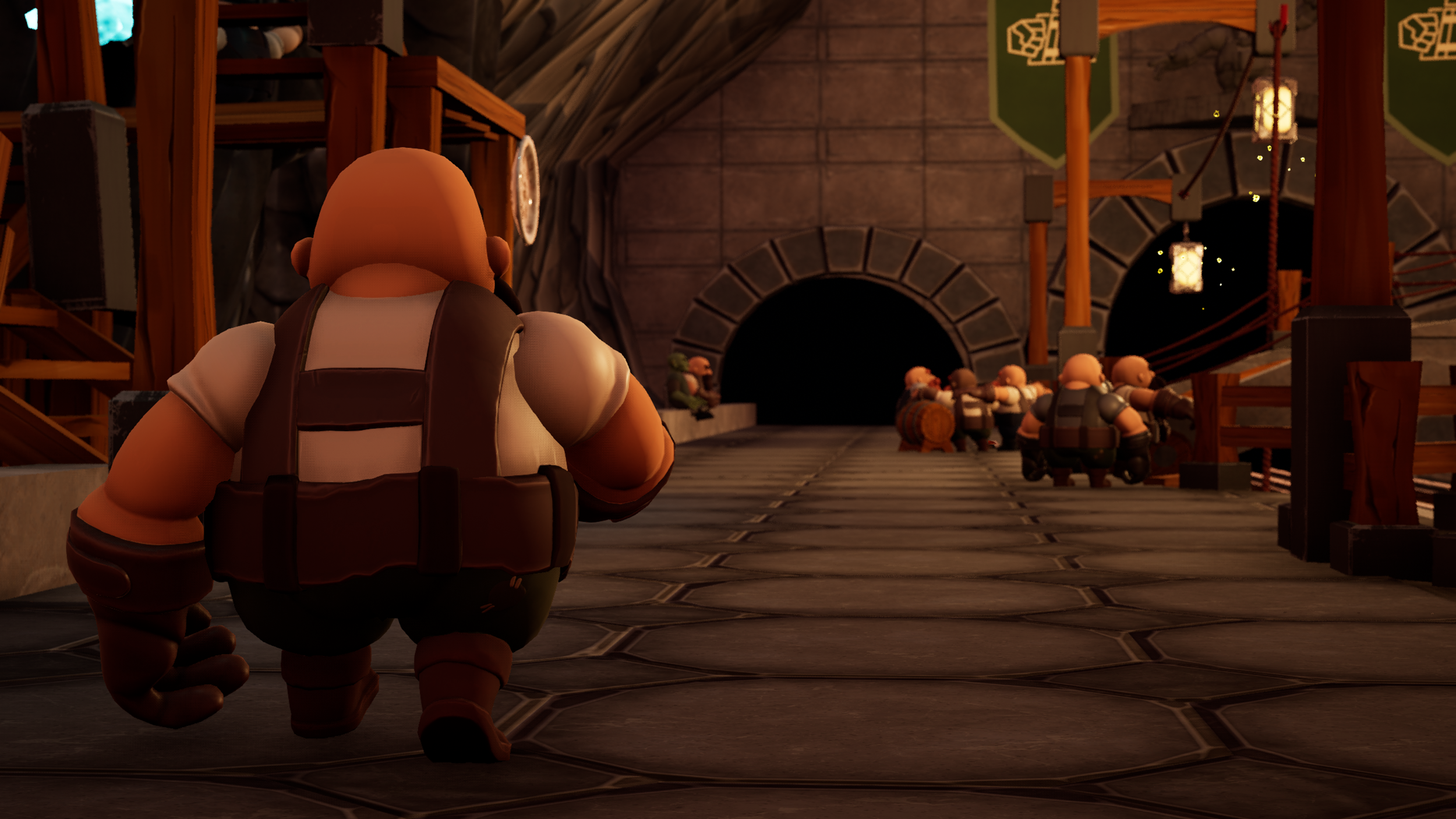 A cartoon-style dwarf with a bald head, wearing a beige shirt and dark brown vest, walking towards a tunnel with several similarly dressed dwarves waiting near the entrance.