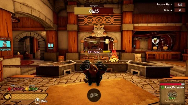 Inside a gaming arcade with a Viking theme, featuring a player at a game station, a fire pit, and Viking-themed decorations.