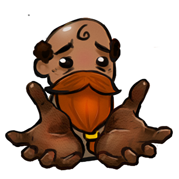 Cartoon of a man with a mustache and bald head, wearing a face mask, extending his hands forward.