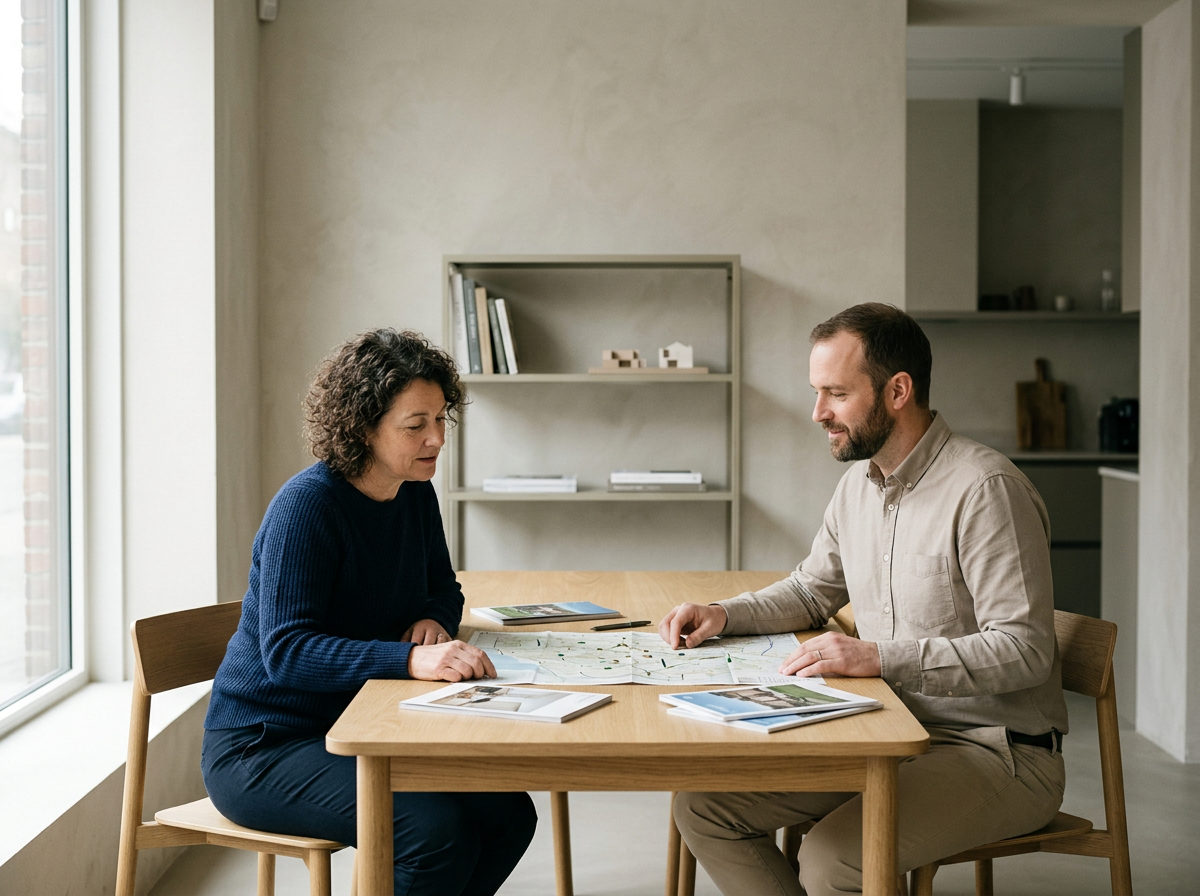 Two people sitting at a wooden table looking at a map, in a modern room with shelves and a large window