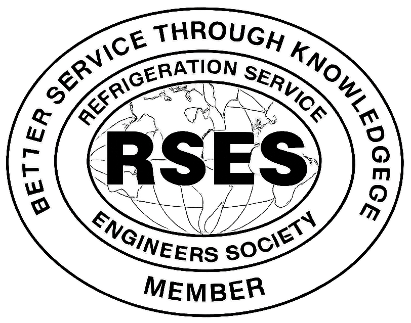 Seal of the Refrigeration Service Engineers Society (RSES), featuring a globe with oceanic and continental outlines, with the acronym RSES prominently in the center, and surrounding text indicating membership and services related to HVAC and refrigeration.