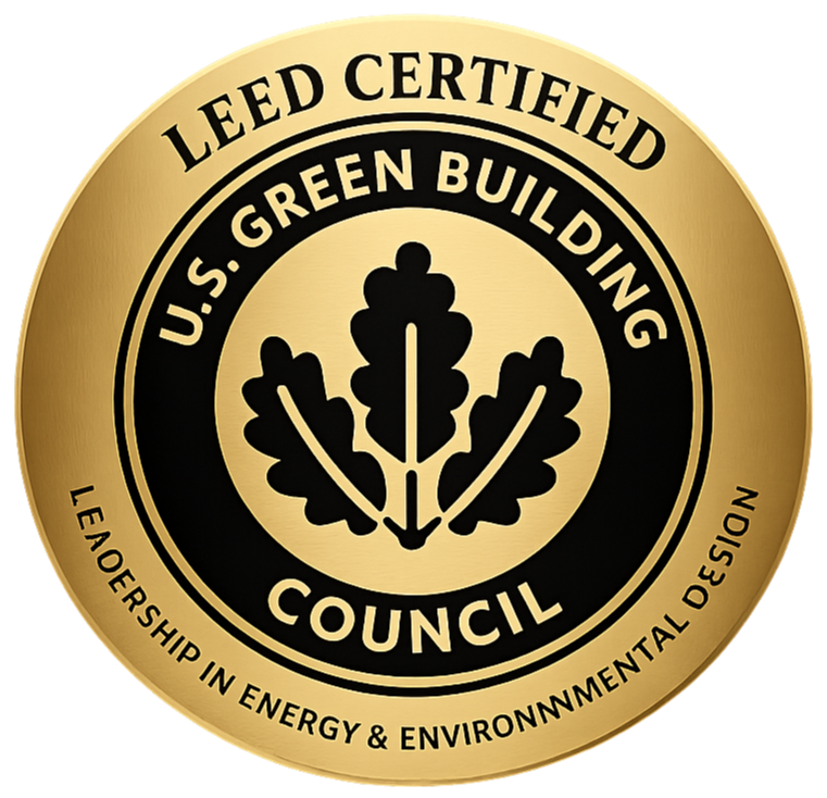 Gold circular emblem with black text and a stylized oak leaf logo in the center. It reads 'LEED CERTIFIED', 'U.S. GREEN BUILDING COUNCIL', and 'LEADERSHIP IN ENERGY & ENVIRONMENTAL DESIGN'.