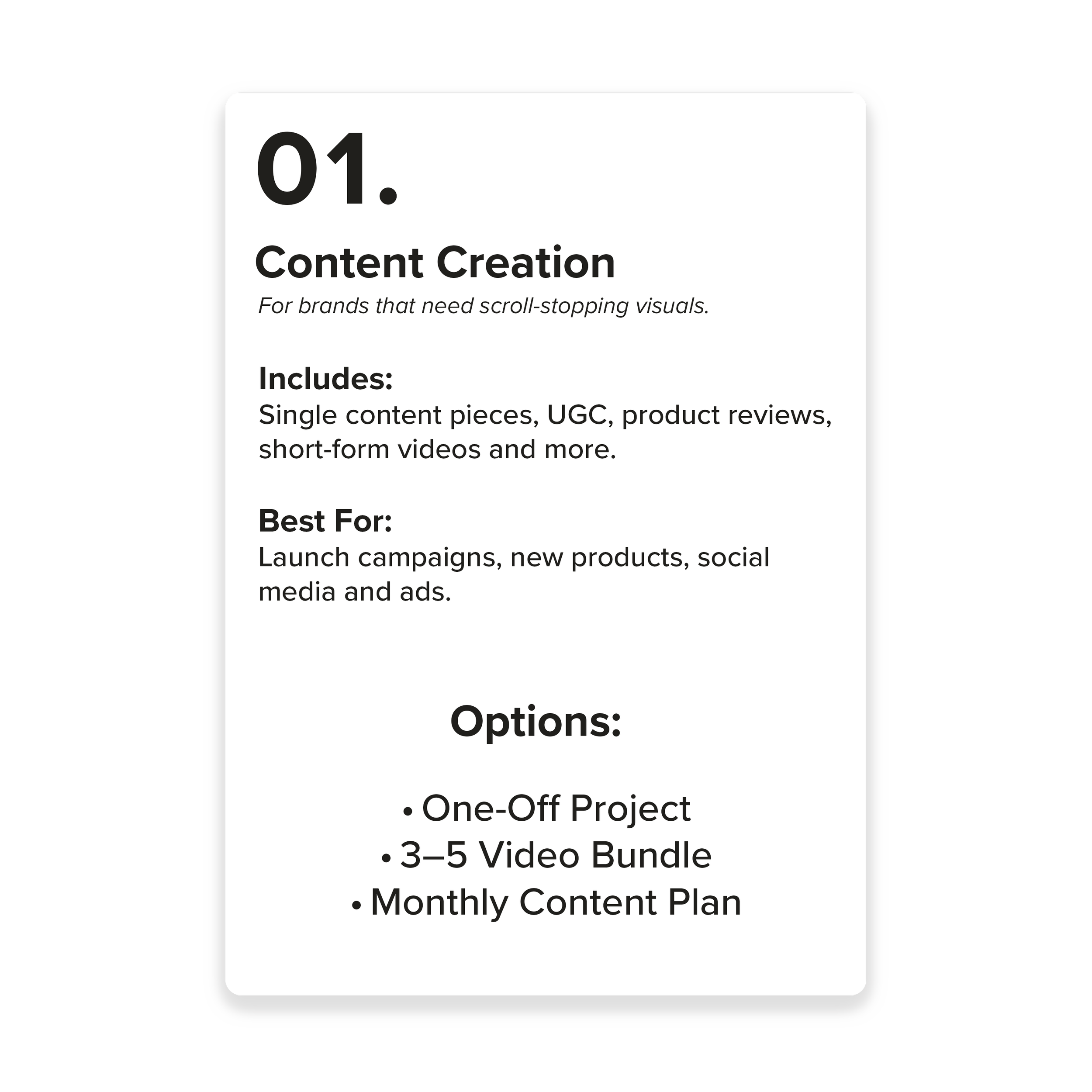 A digital marketing offer for content creation services, listing features, best uses, and options available.
