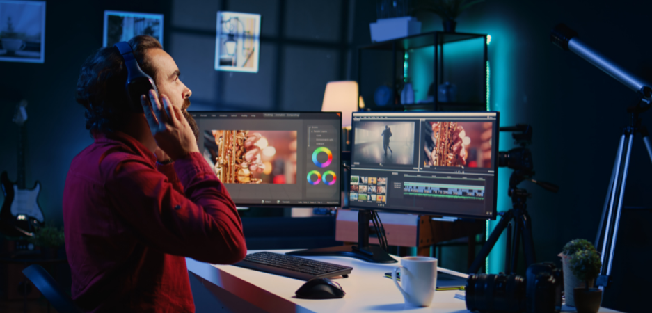 Top-down view of a person working at a wooden desk with a large computer monitor displaying audio editing software. The person's hands are on a mouse and a trackpad, with a keyboard in front. The desk has studio speakers, a camera, headphones, a portable hard drive, a green desk lamp, and various office supplies. The workspace includes a black and white striped rug and additional storage on the right side.