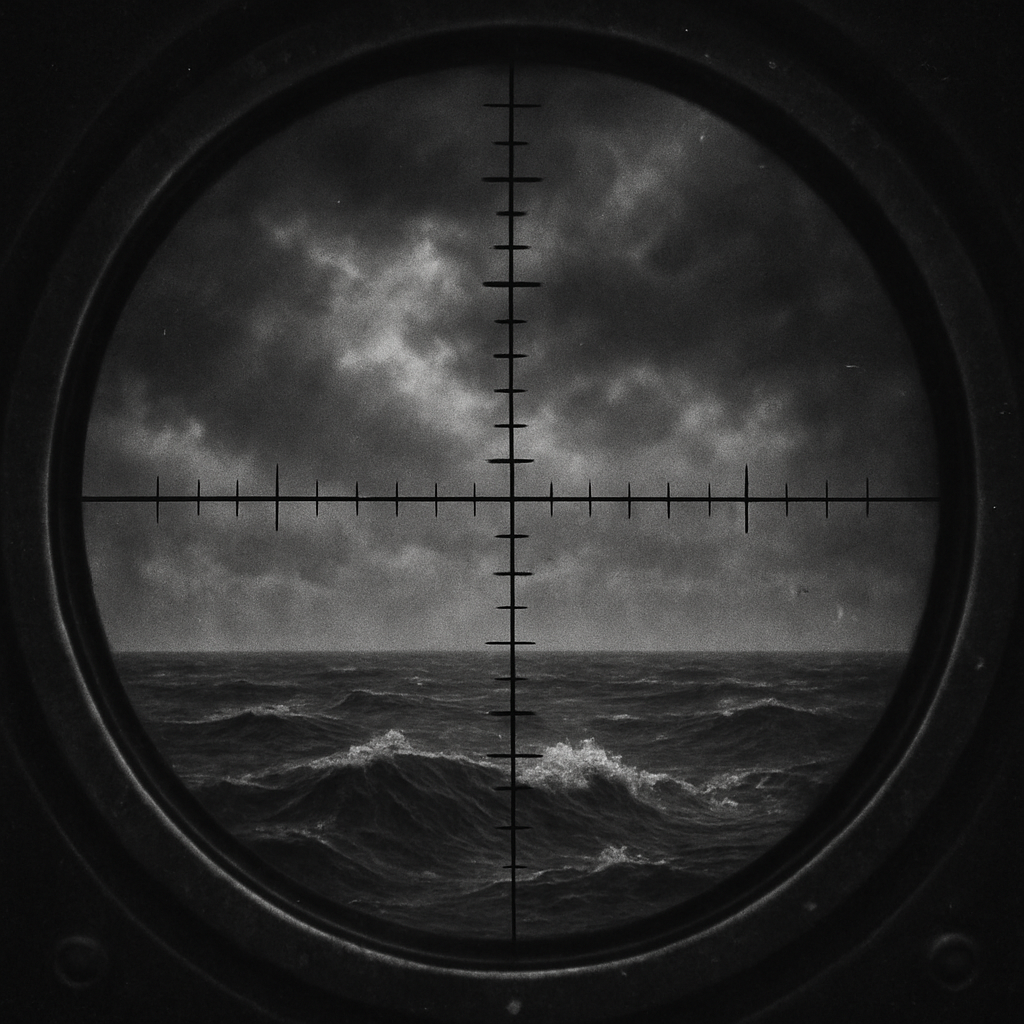 View of rough ocean waves through a scope or binocular lens with crosshairs, cloudy sky in the background.