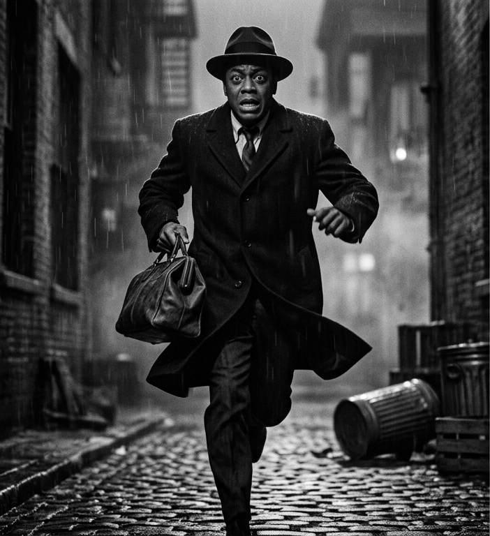 A cinematic monochrome still of a man in a trench coat running through a rain-soaked street, captured on location in Central Florida by KLA. Media.