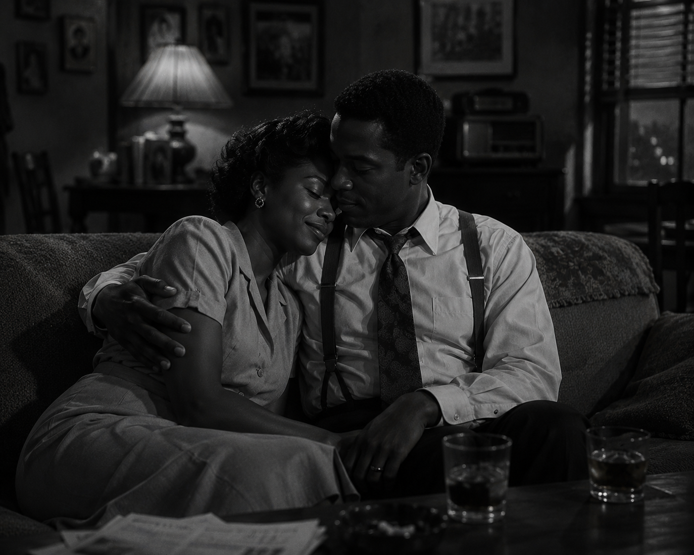A portrait of comfort and intentional connection, rendered in black and white cinematic film by KLA. Media.