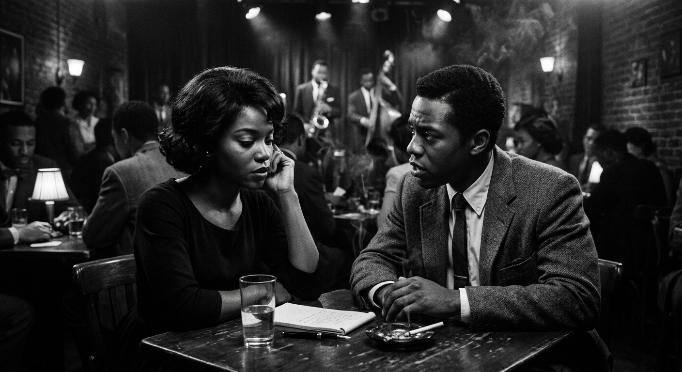 A quiet, intimate cinematic scene set in a jazz club, capturing authentic human emotion and detail, shot in Central Florida by KLA. Media.