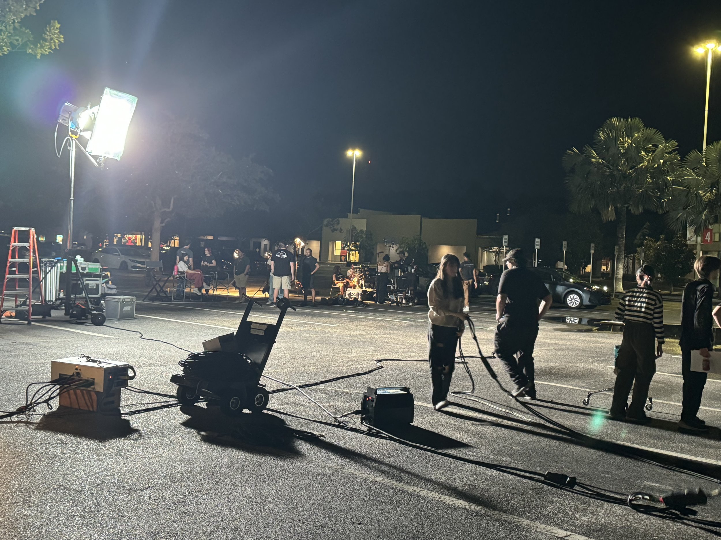 A night production capture illustrating the KLA. Media process, showcasing the interplay of floodlights, technical equipment, and authentic collaborative atmosphere.