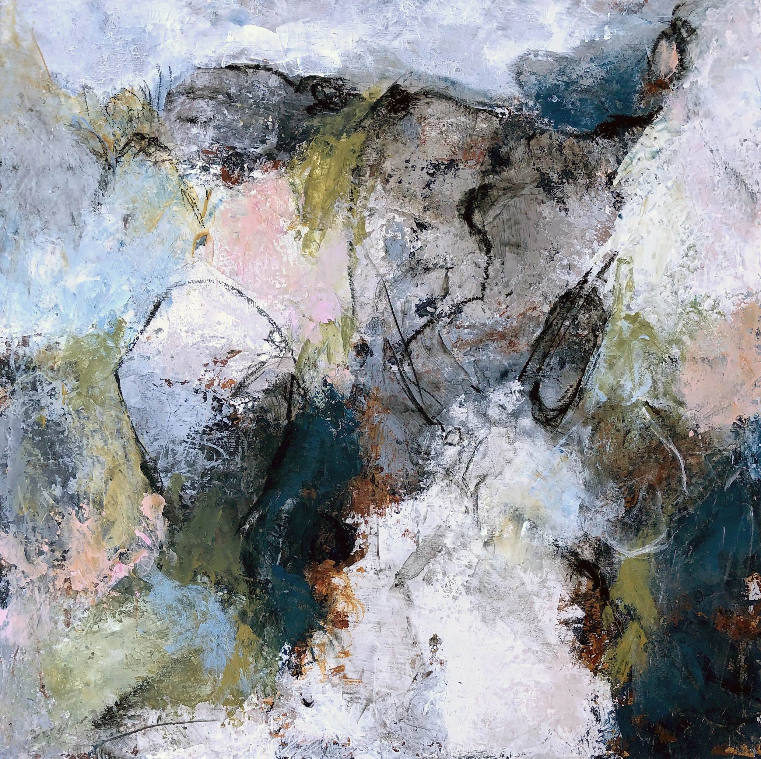 Unearthing #1,
mixed media on cradled wood panel, 12"x12"