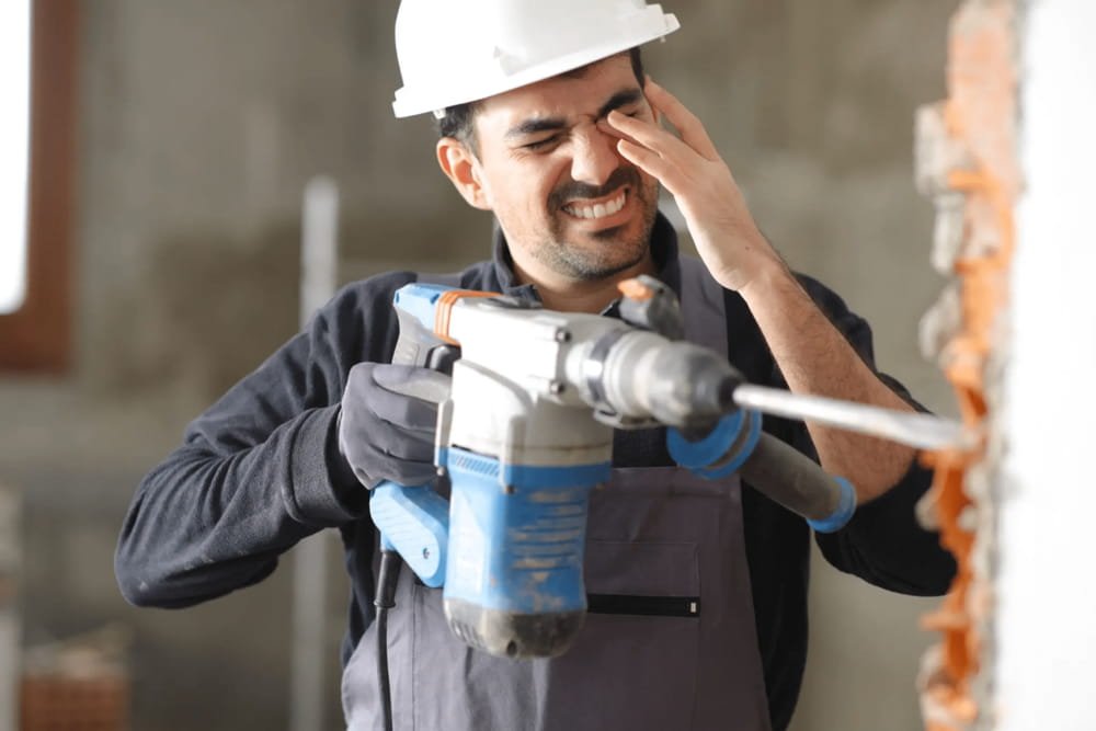 Man wearing a white construction helmet and gray work apron using a power drill on a wall