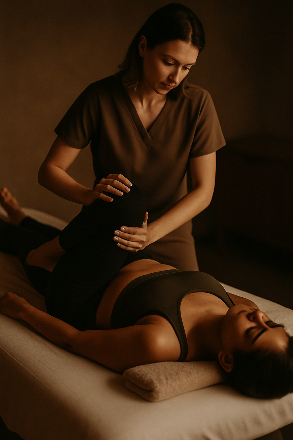 A woman receiving a massage from a massage therapist in a dimly lit room.