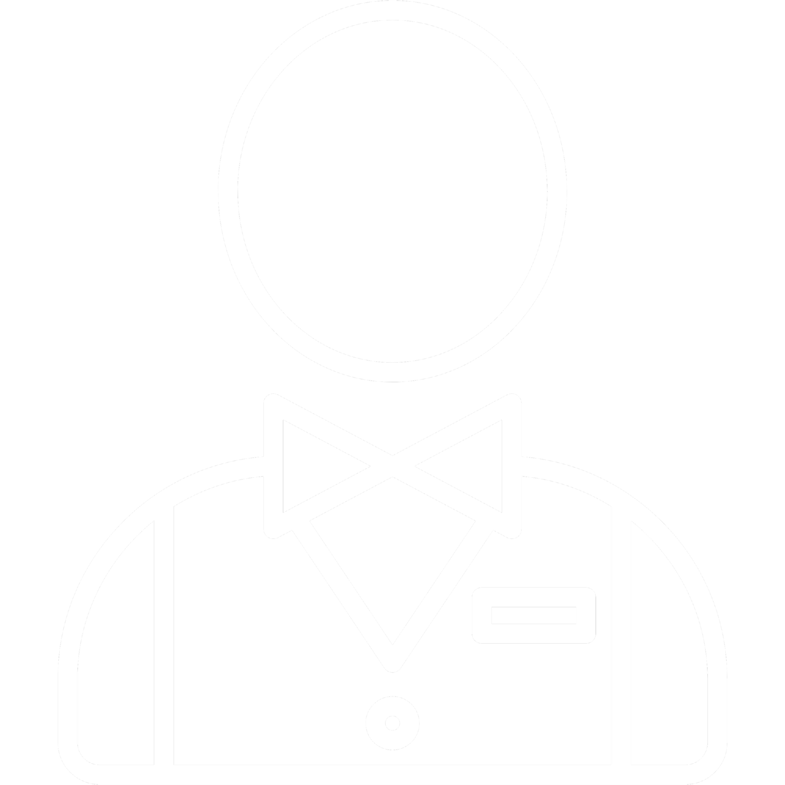 Linetekening van een persoon in formele kleding met een stropdas en een badge, zonder gezichtsdetails.