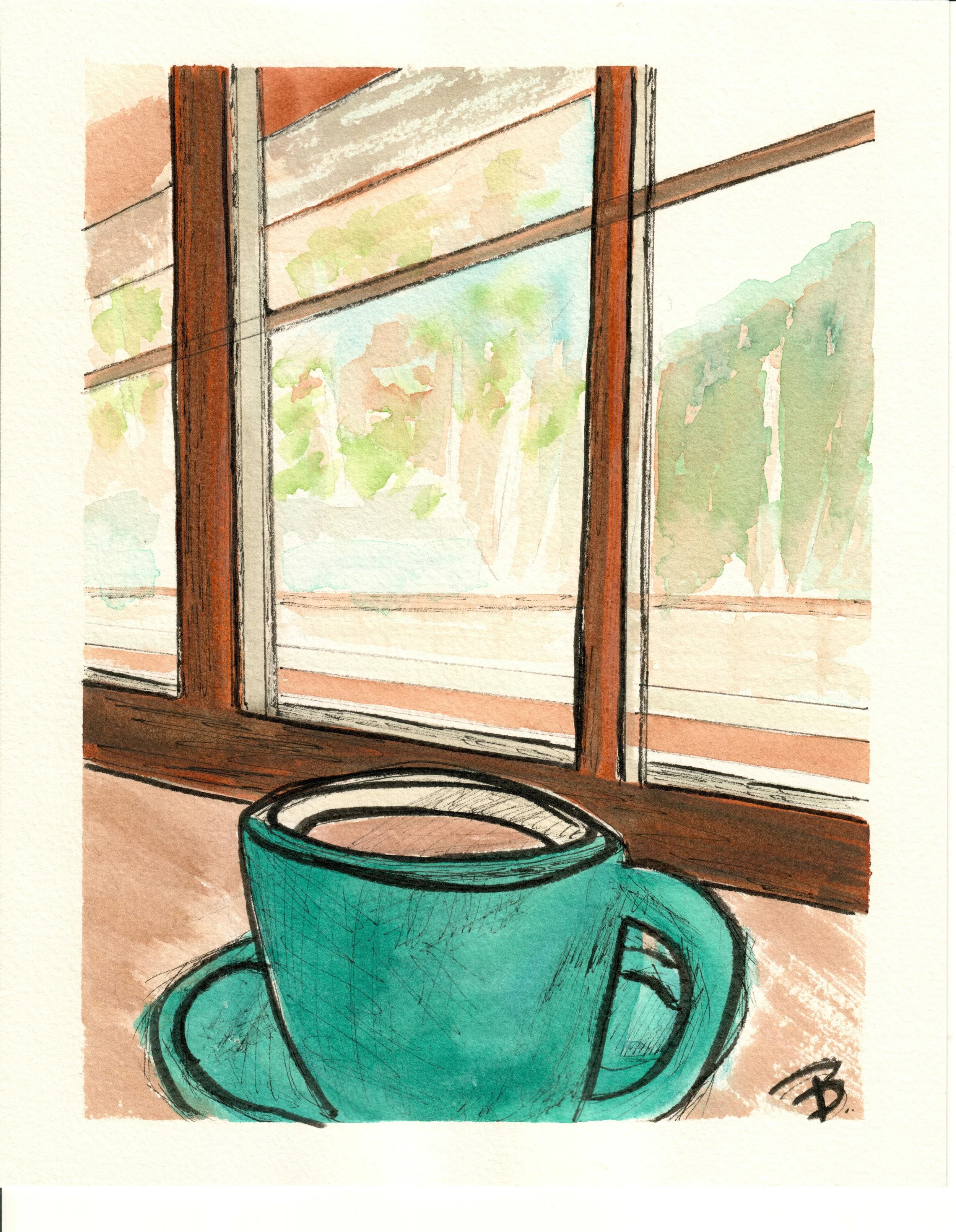 TYF Coffee, 2024, Watercolour, 7.75" X 9.75"