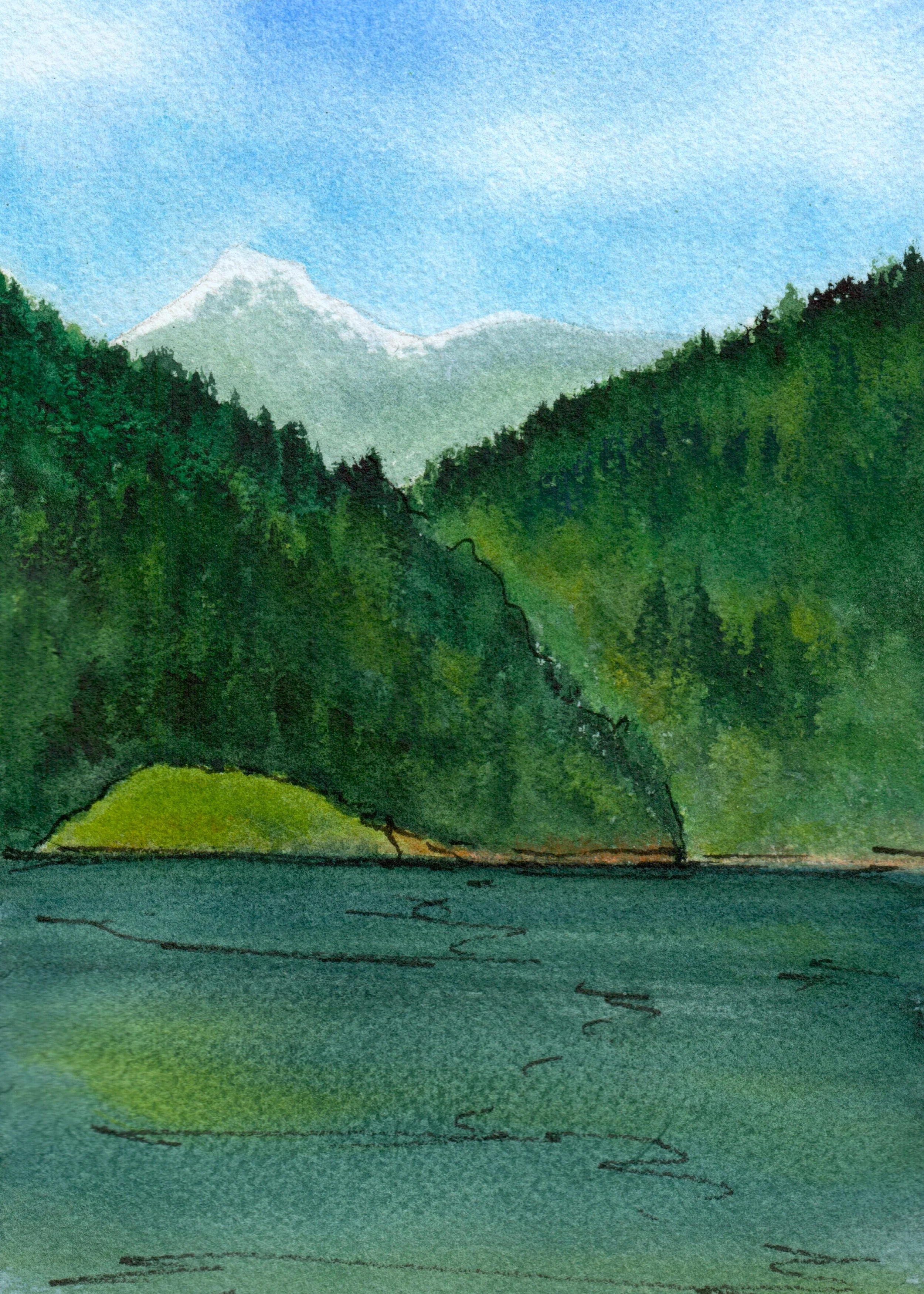 Big Peaks: Watercolour. 5 X 7" Framed Original  available for sale at the Seabreeze Gallery on Bowen Island: $120.00