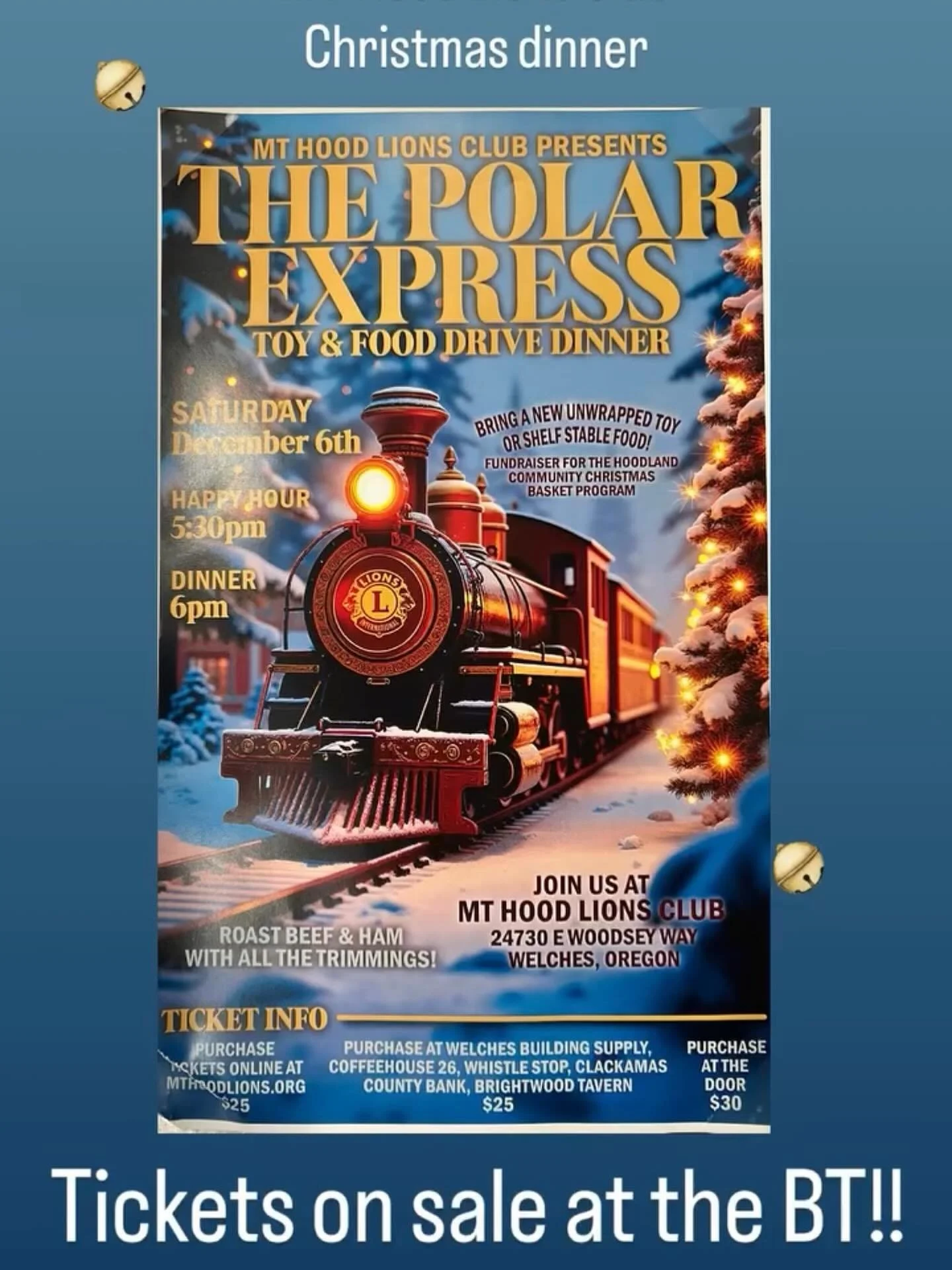 Lions Club Christmas Dinner!
December 6.
Happy hour 5:30pm
Dinner 6pm
$25/person
Delicious dinner, fun raffles, great company!!

Brightwood Tavern is selling tickets! Come see our bartenders for tickets!