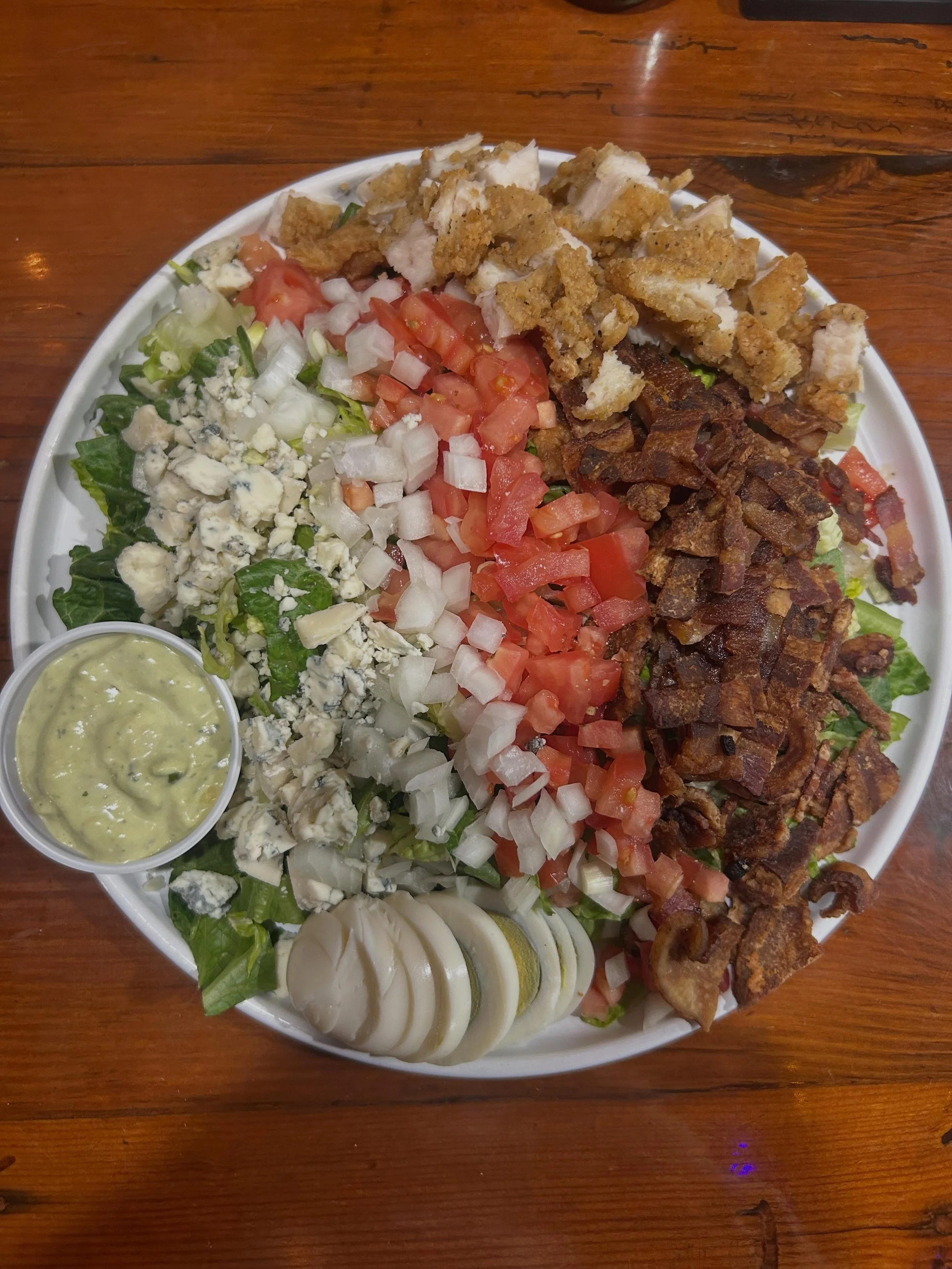 Cobb salad
Potato salad 
Club salad
Halibut fish tacos
Wings
Club sandwich 
Blue burger