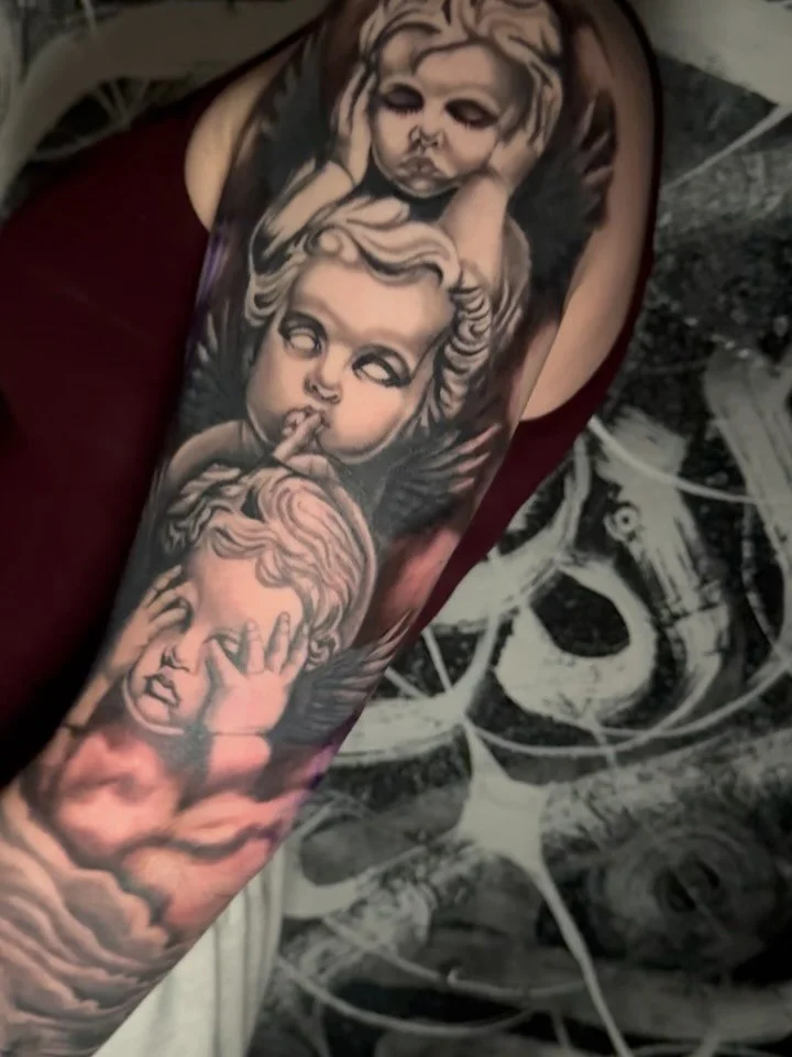 Black and gray hear  no evil speak no evil see no  evil Tattoo with stairway to heaven and clouds, nature scene with cross and river at the bottom. Such a fun Tattoo one more session to go , Big thank you to my client for sitting so well. #sierravist