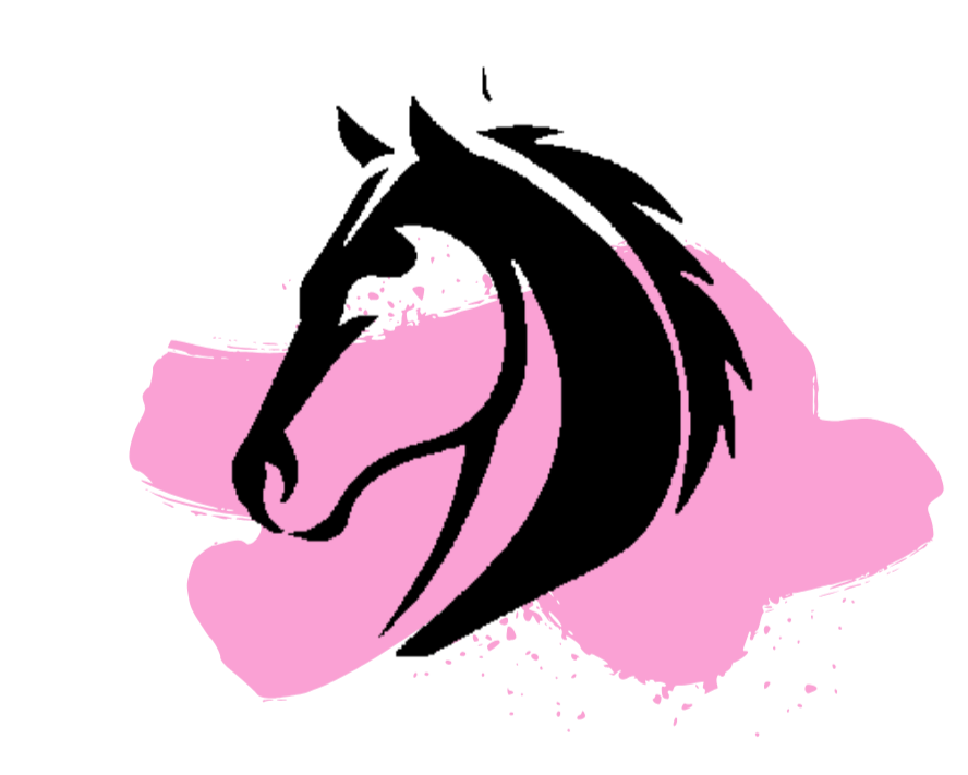 Outline illustration of a horse's head in black with pink background elements.