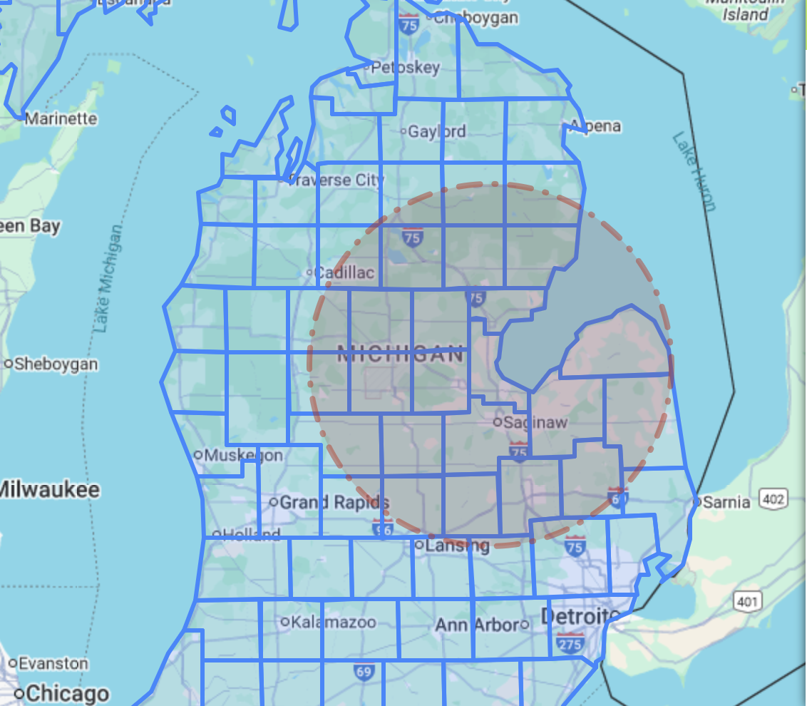 Map showing service area centered from Bay City, Michigan.