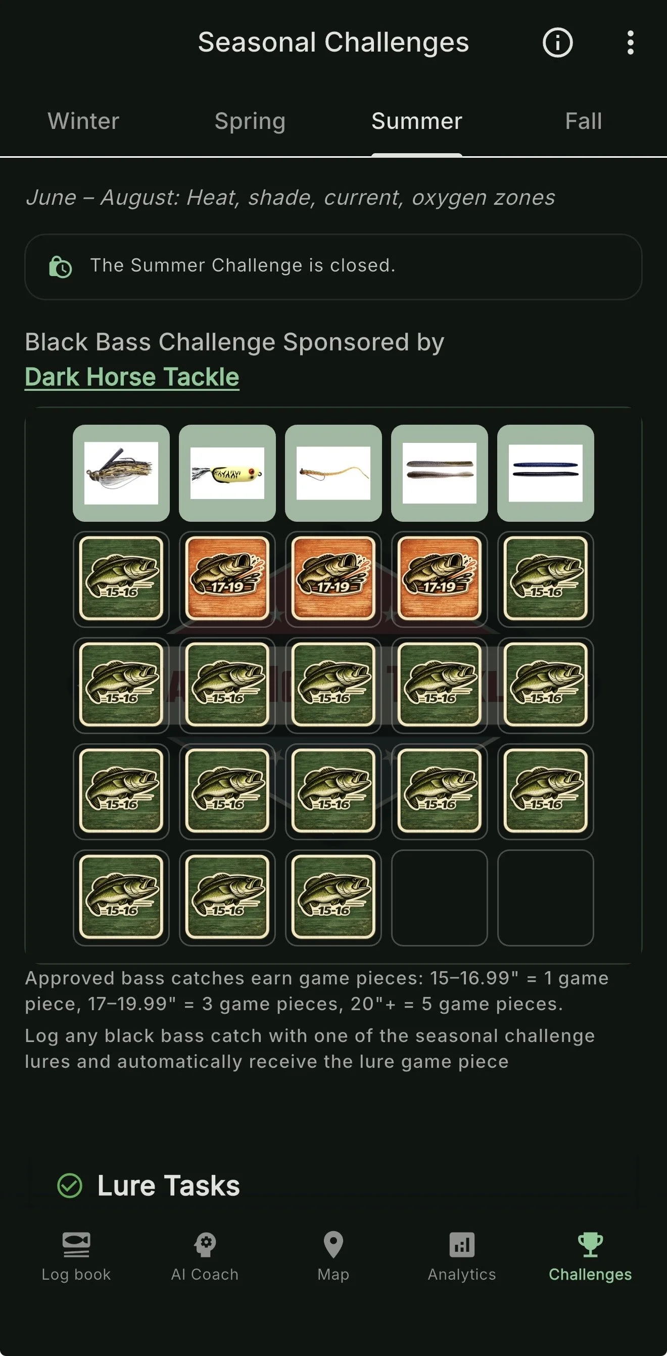 Mobile app screen showing Seasonal Challenges for fishing, with tabs for Winter, Spring, Summer, and Fall. The Summer challenge is closed. The app features a sponsored Black Bass Challenge with various lure icons and fish catch level indicators. Menu options at the bottom include Log book, AI Coach, Map, Analytics, and Challenges.