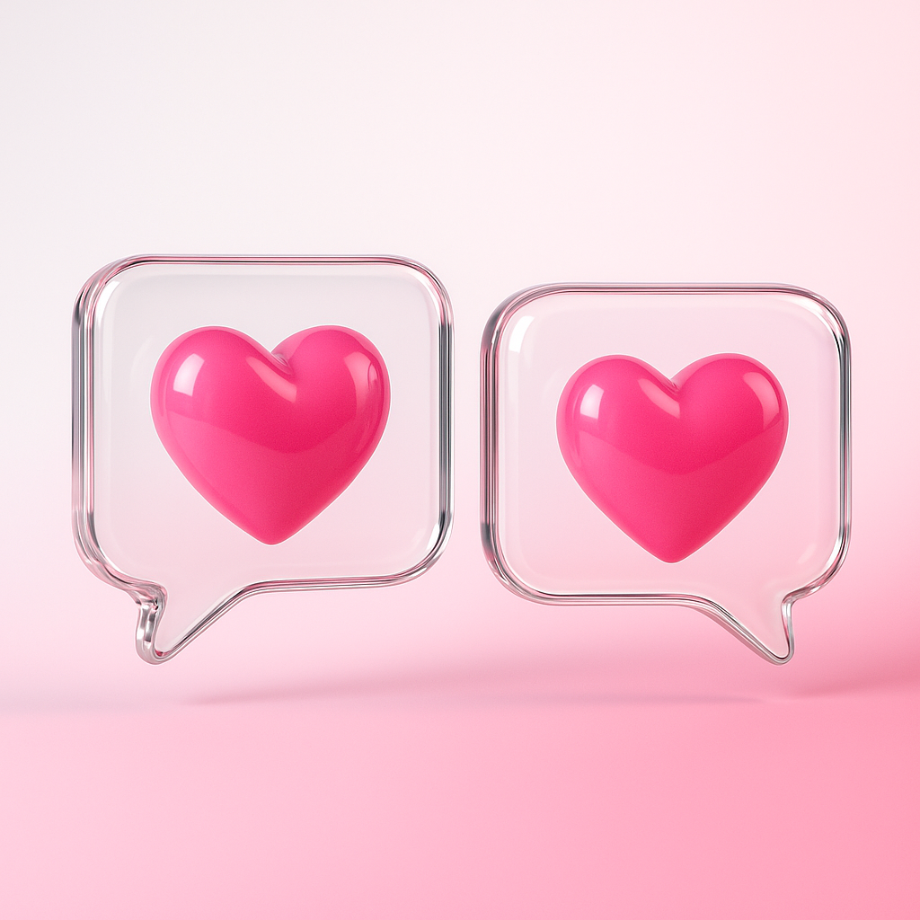 Zwei transparente Sprechblasen mit pinken Herzsymbolen gegen einen hellrosa Hintergrund.