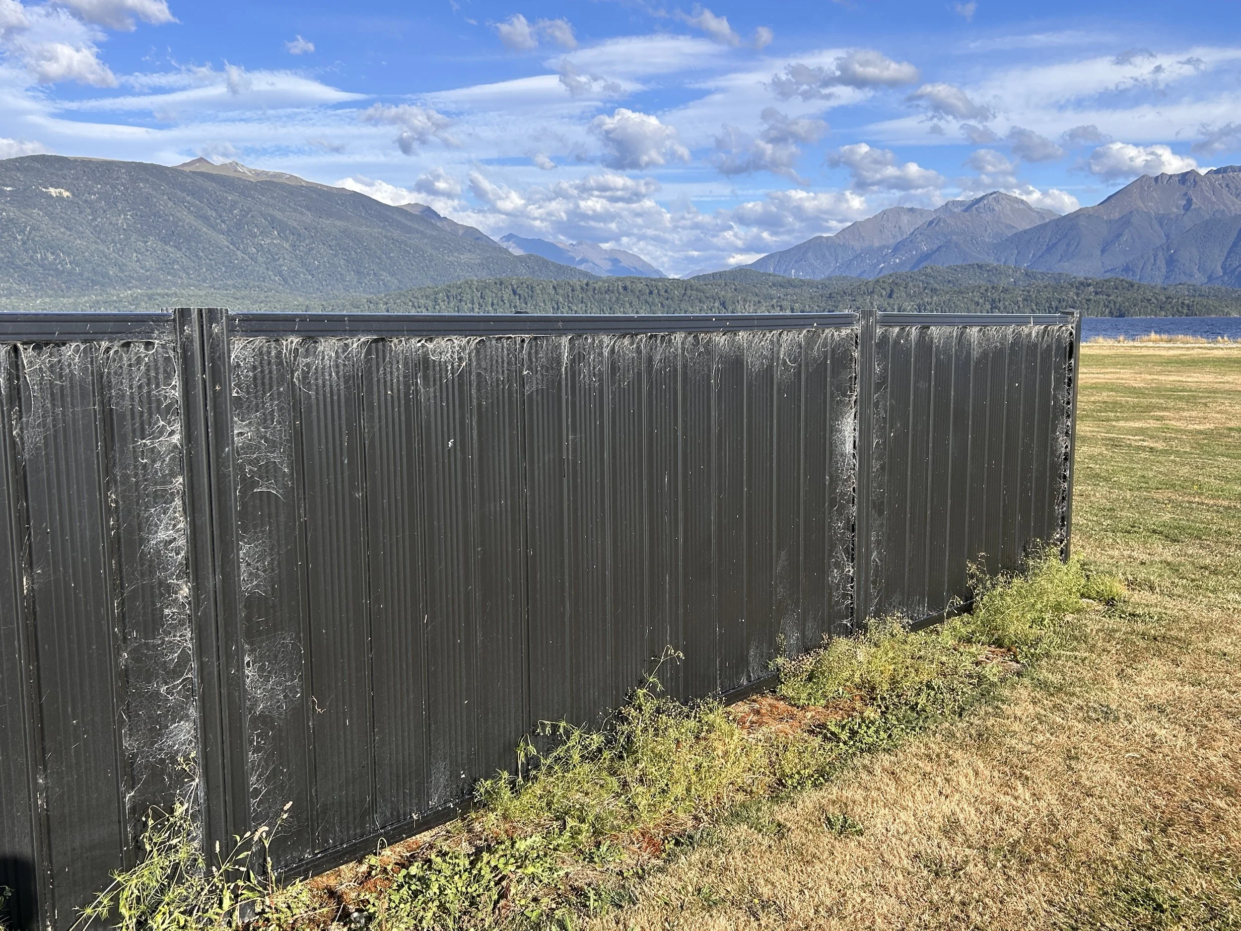 A black metal fence with visible spider webs, set against a scenic mountain and lake backdrop under a partly cloudy sky.