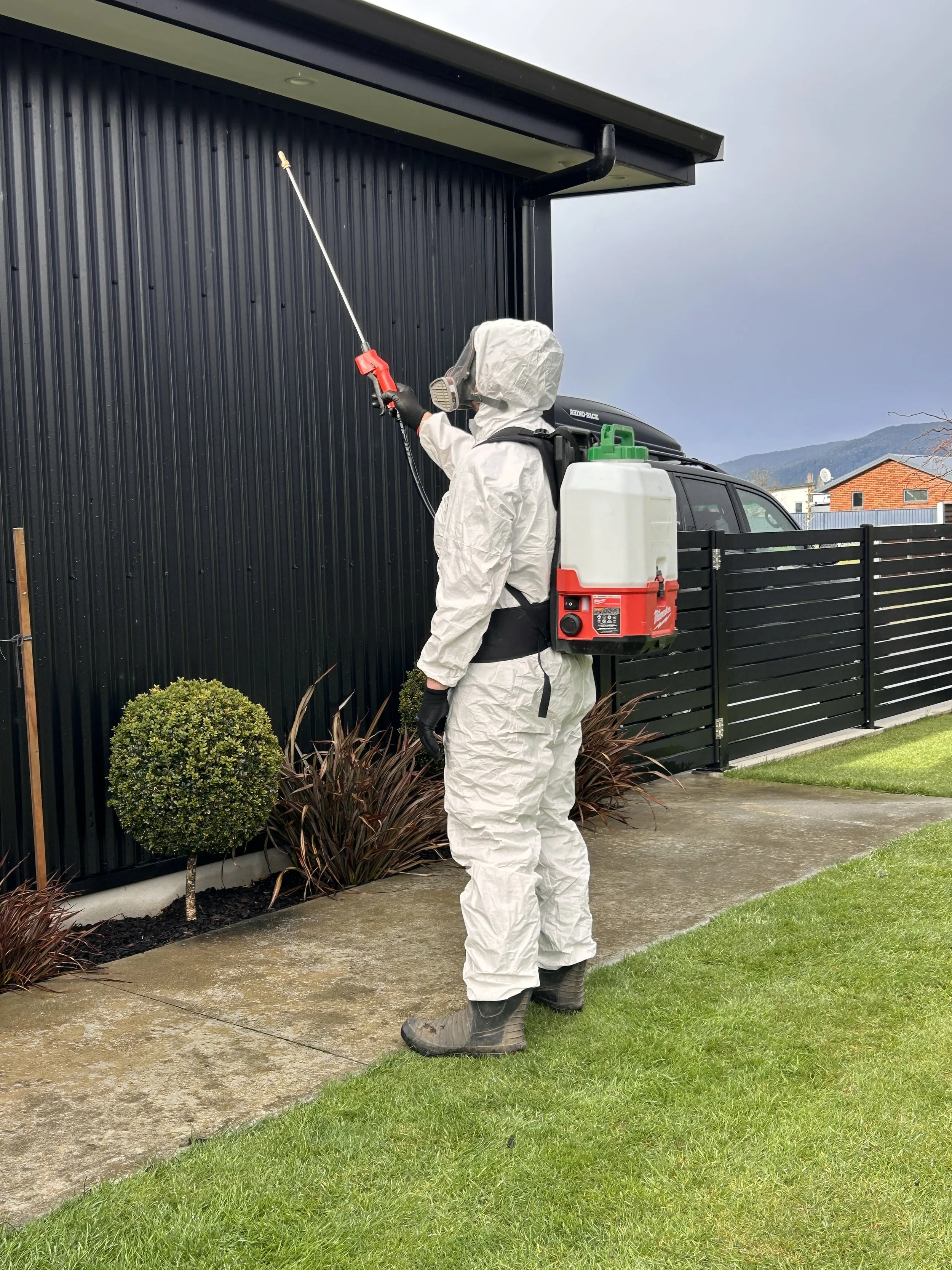 Person in protective suit spider spraying the exterior wall of a house.