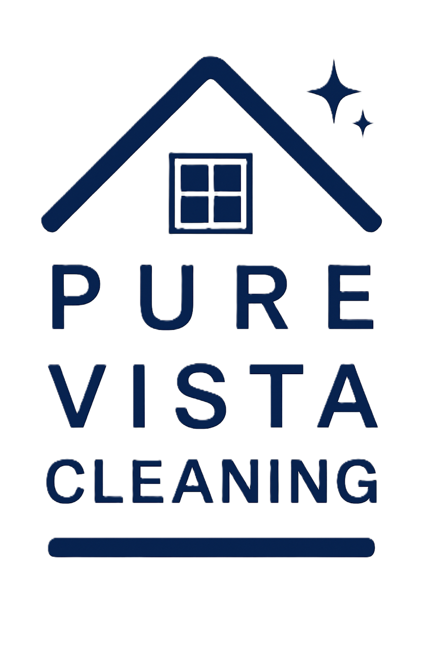 Logo of Pure Vista Cleaning featuring a house outline, a window, and stars, with text 'Pure Vista Cleaning'.