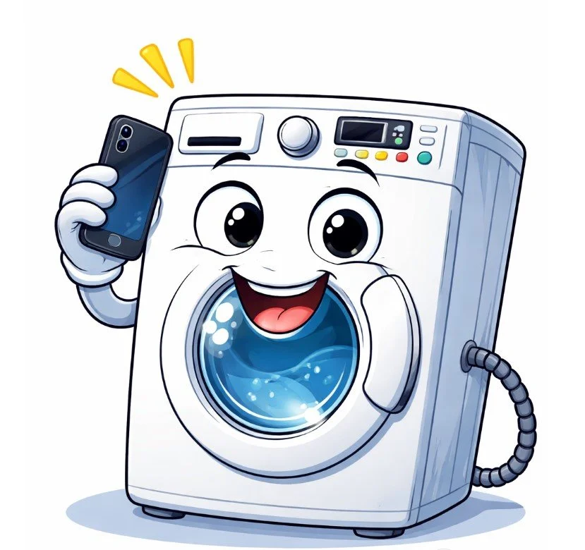 Cartoon washing machine with a smiling face, holding a phone, with cheerful eyes, and soap bubbles inside the drum.