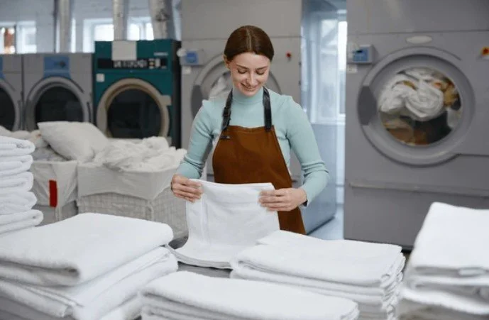A woman folding white towels in a laundry room with washers and dryers in the background.