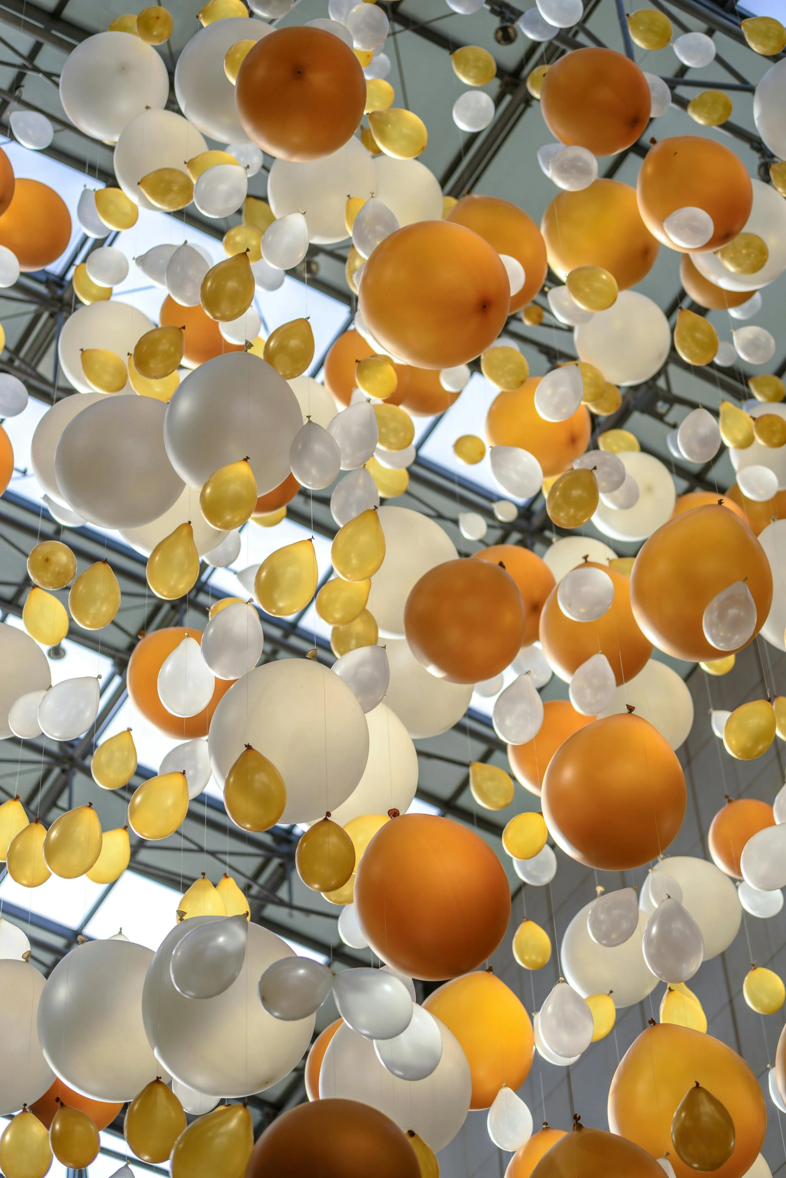 A large art installation of floating balloons in white, yellow, and orange, hanging from a ceiling with glass panels and metal framework.