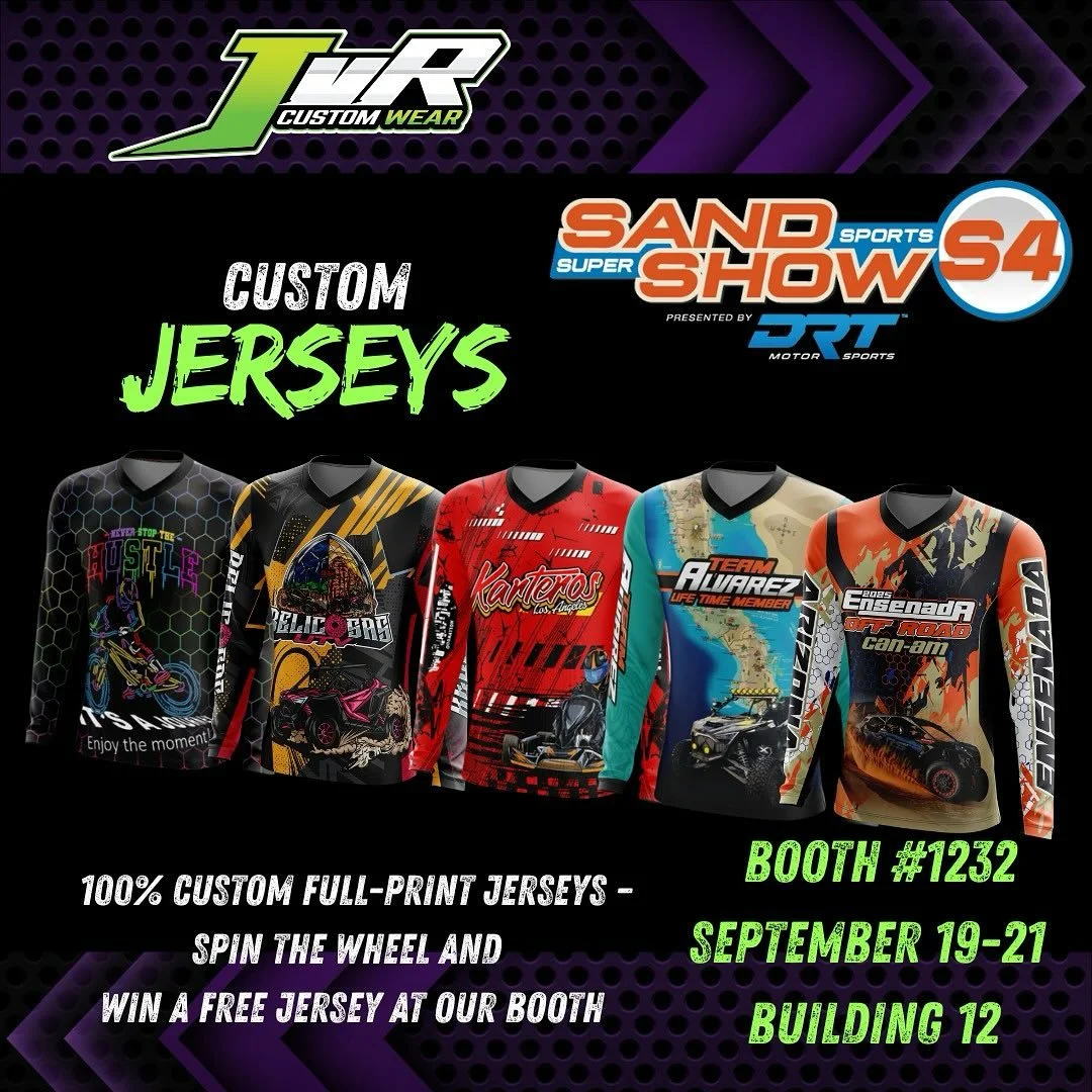 Are you ready for Sand Sport Super Show this weekend? Cause we are! 
Come and visit us booth #1232 September  19-21 
Participate to win a free jersey with our spin the wheel at the booth 
See you there!! 🔥🔥