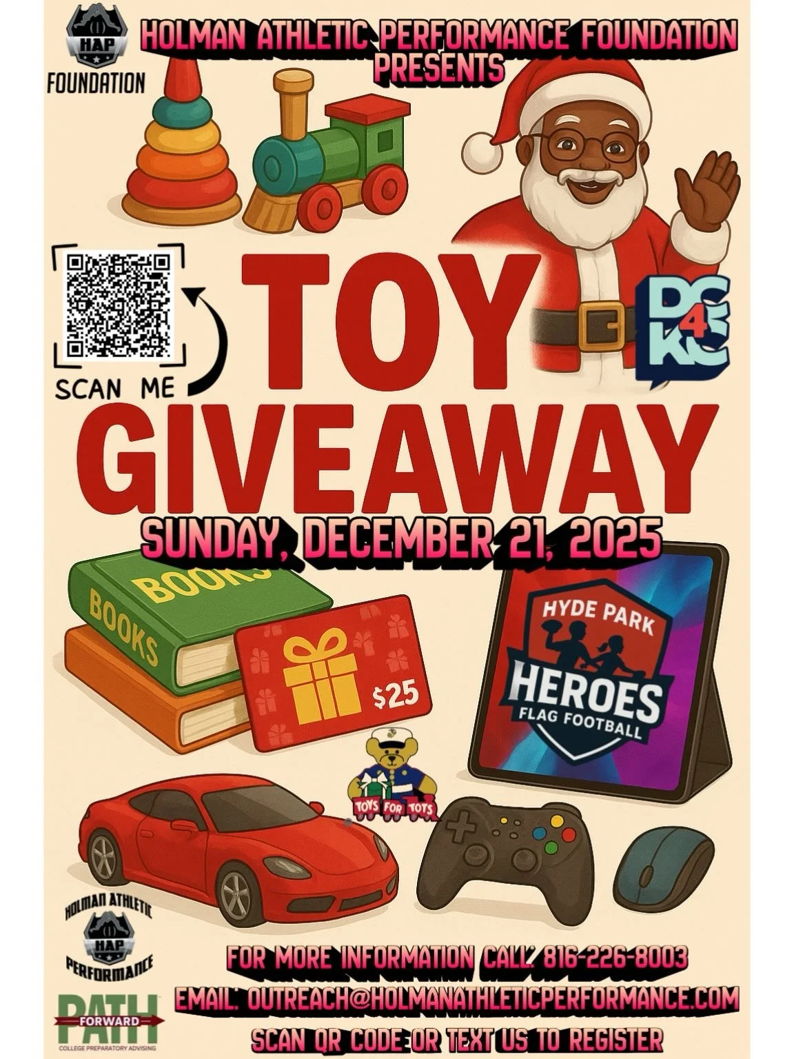 Excited to be joining @hapfoundation75 for our annual toy giveaway on Sunday, December 21st in Midtown KC! If you know any families in need of holiday cheer and support this season, please share and have them scan the QR code in the flyer or click th