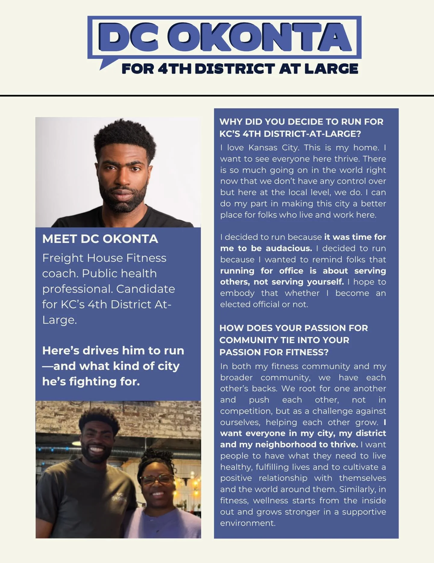 From coaching at Freight House Fitness to working on initiatives like KC Kids Eat, everything I do is about showing up for this community. It&rsquo;s about building strength&mdash;physically, mentally, and across our city.

I&rsquo;m running for 4th 