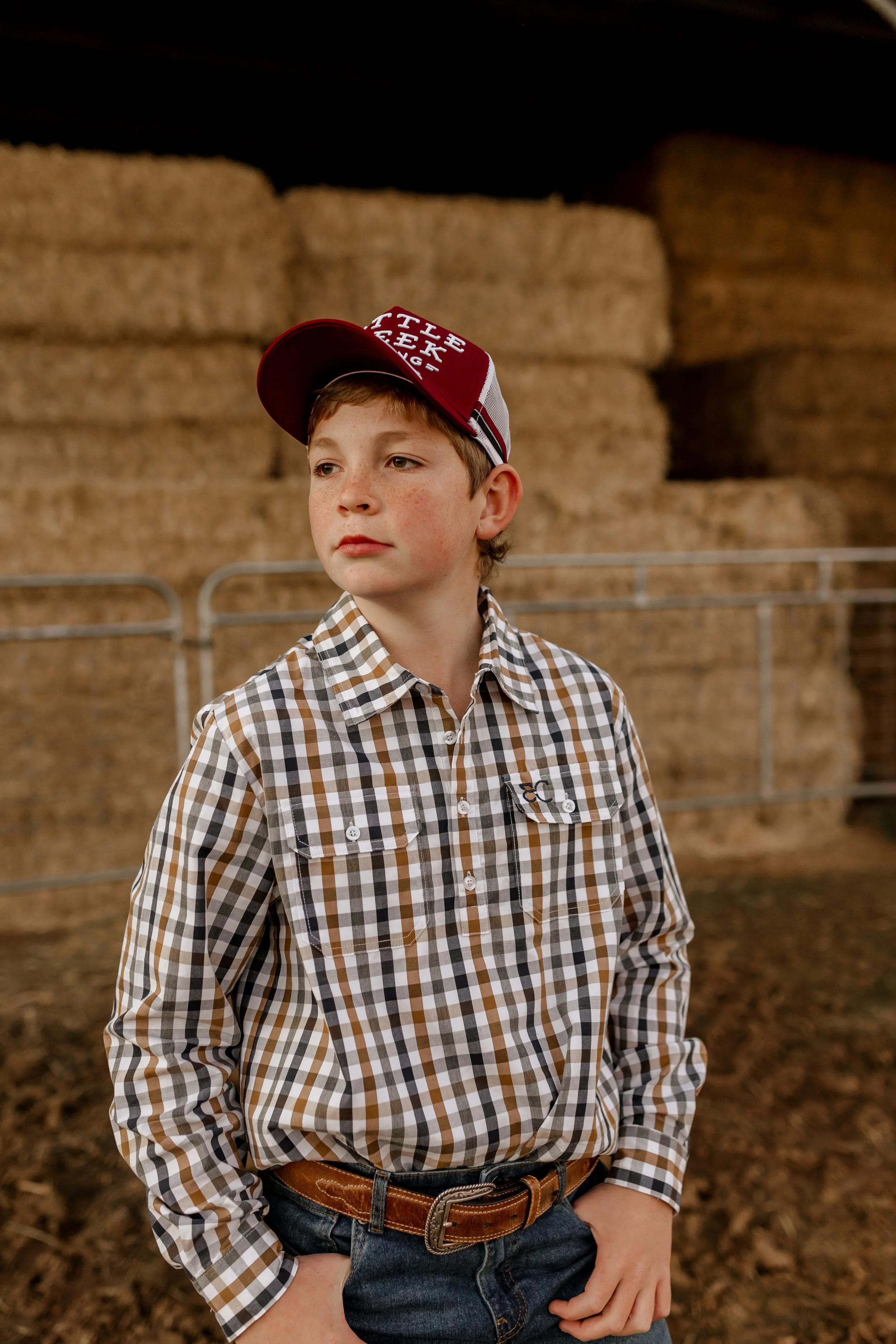 Boy's High Country Half Button Shirt in Brown/Navy Check
