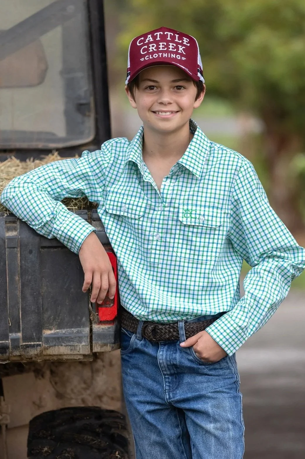 Boy's High Country Half Button Shirt in Green Check
