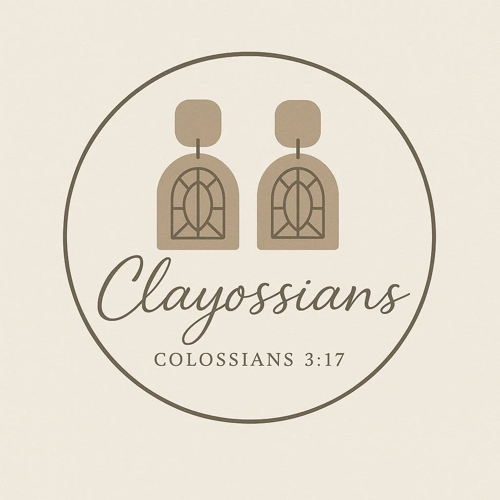 Logo with two stylized earrings and the text 'Clayossians Colossians 3:17' in a circle.