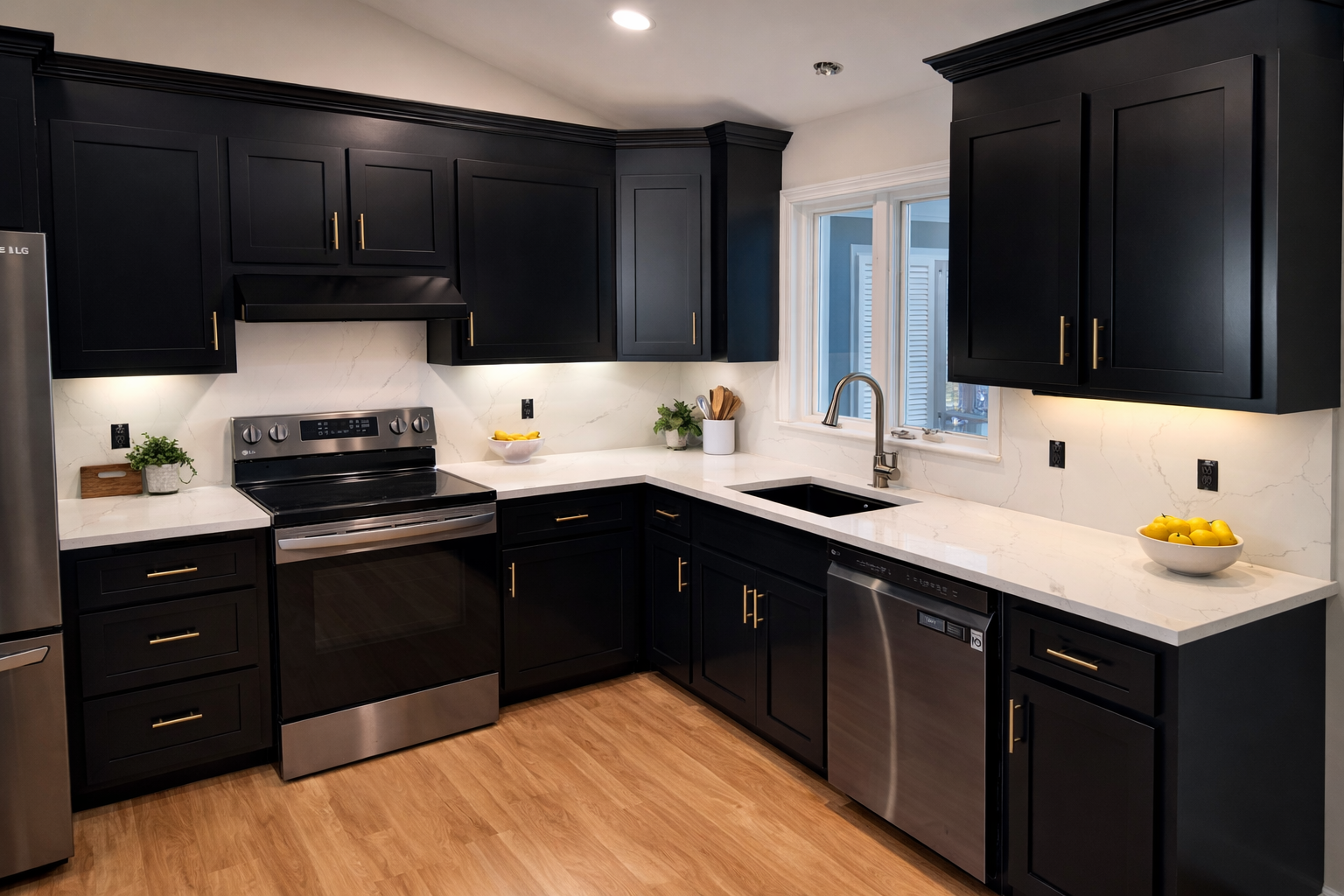 Modern kitchen with black cabinets, stainless steel appliances, white marble countertops, and a window above the sink.