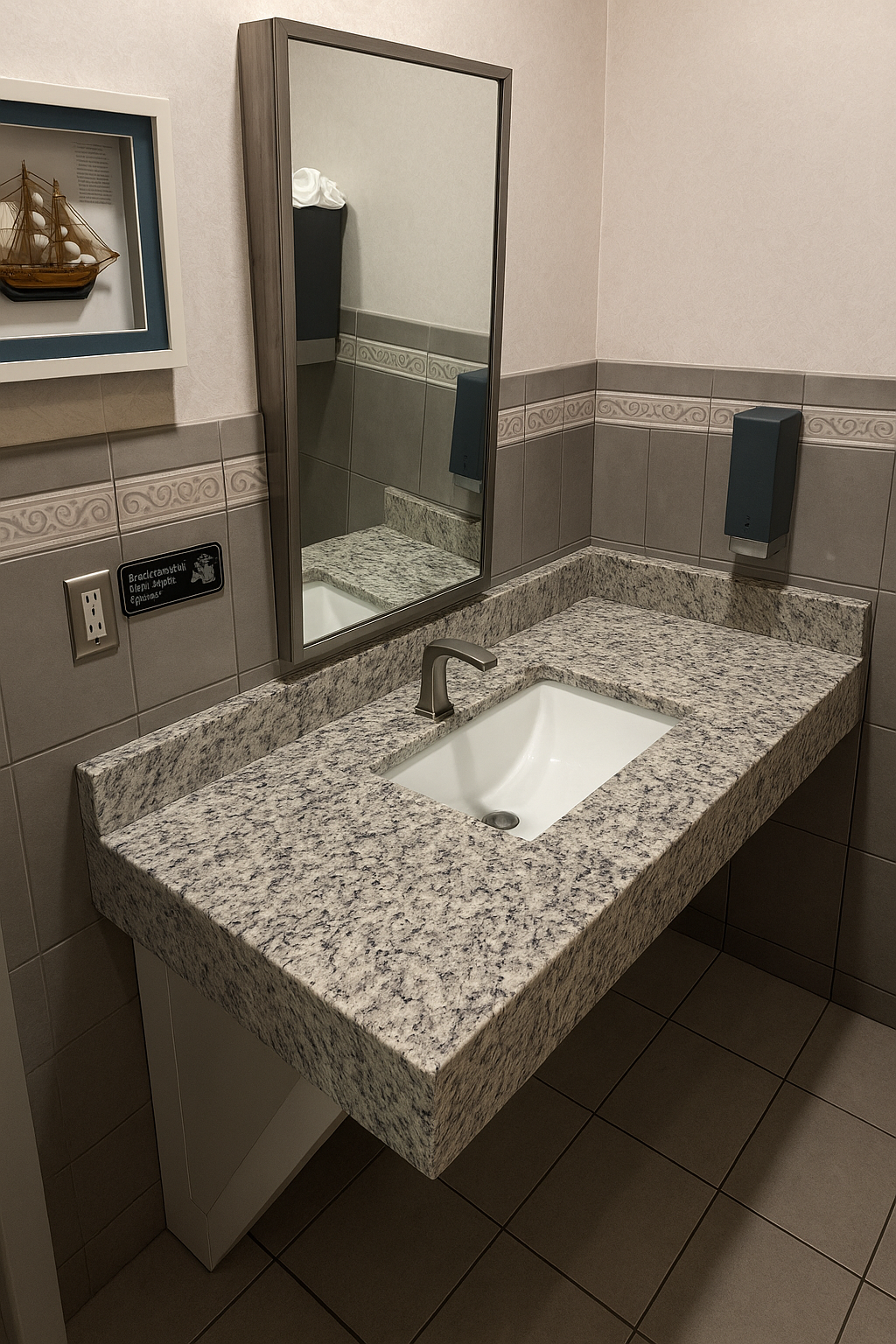 Bathroom sink with a granite countertop, a mirror, a soap dispenser, and a towel dispenser on the wall.