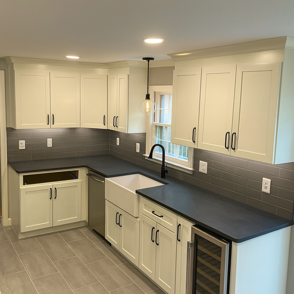 Kitchen with white cabinets, black hardware, gray countertops, gray subway tile backsplash, small window, black pendant light, built-in dishwasher, sink, and wine cooler.