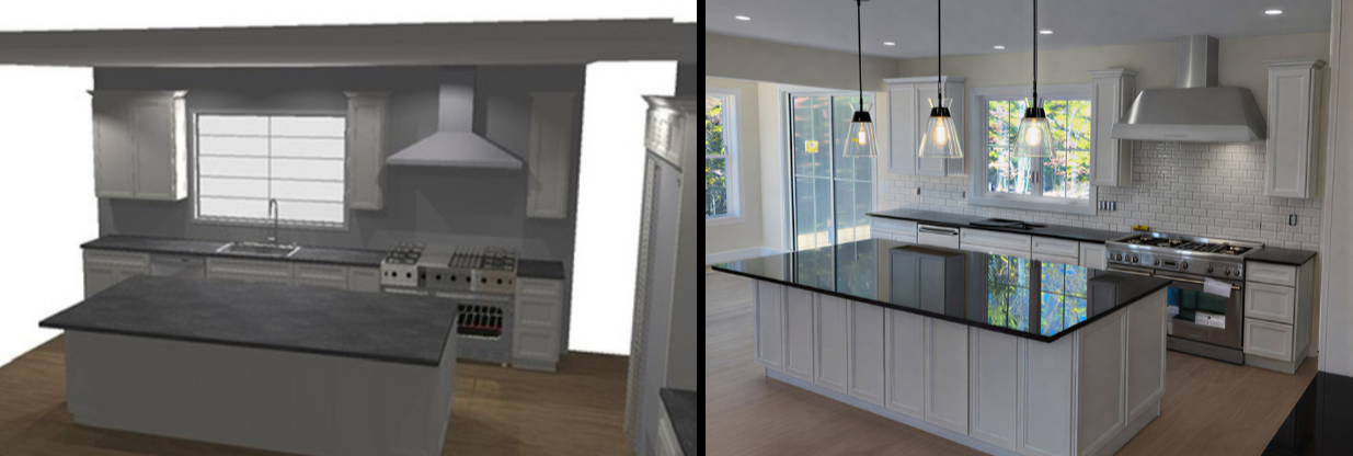 Comparison of two kitchen designs, one as a 3D model and the other as a photograph. Both kitchens feature white cabinets, a large kitchen island, and a stove area.