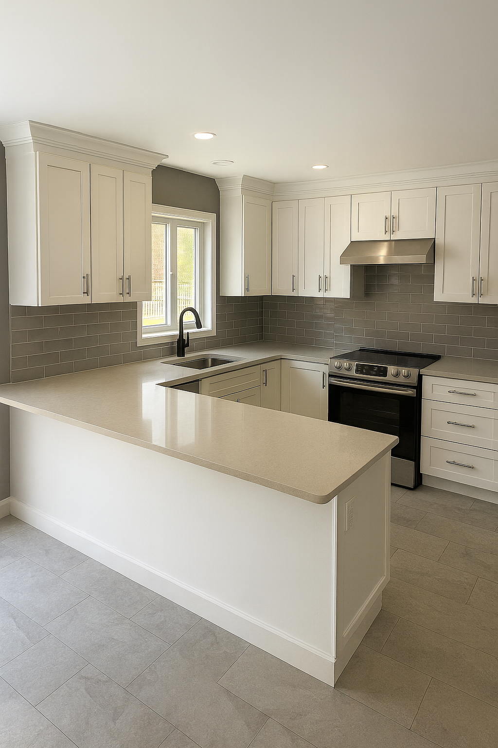 Modern kitchen with white cabinets, gray subway tile backsplash, stainless steel appliances, and a beige countertop island.