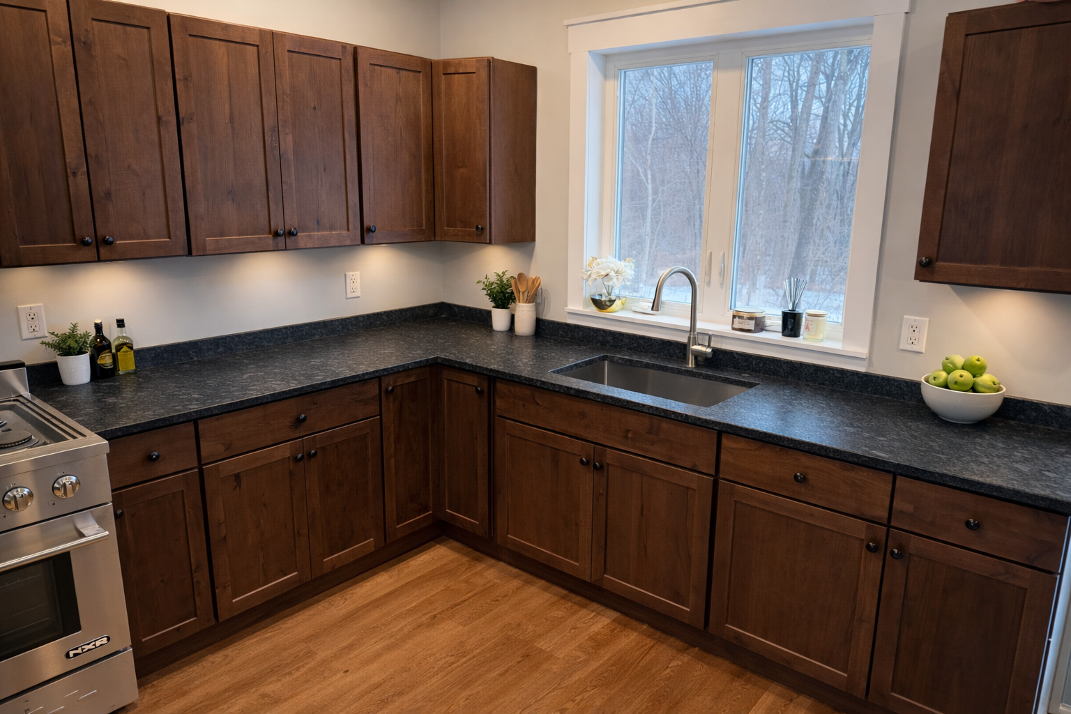 Modern kitchen with stainless steel appliances, gray cabinets, marble backsplash, wooden flooring, and a marble countertop island set for dining with plates, glasses, and cutlery.