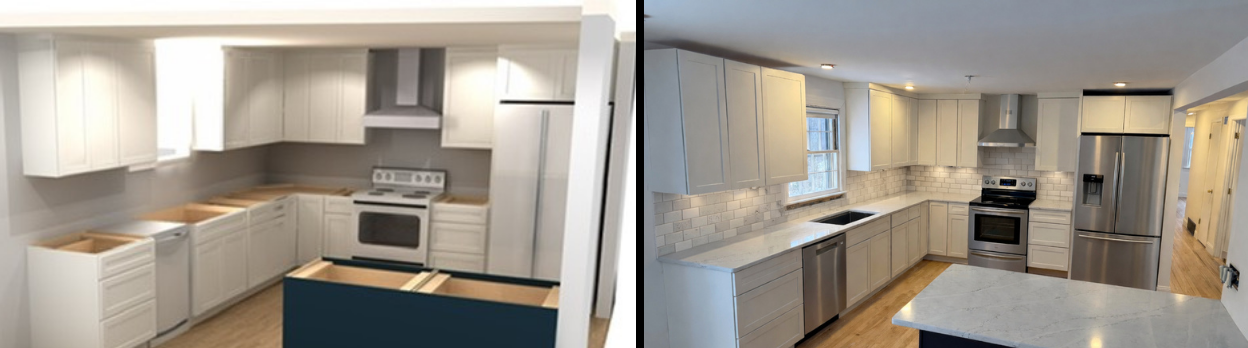 Comparison of two kitchens with white cabinets, stainless steel appliances, and light-colored countertops. The left kitchen has a disassembled cabinet, while the right kitchen is fully assembled and in use.